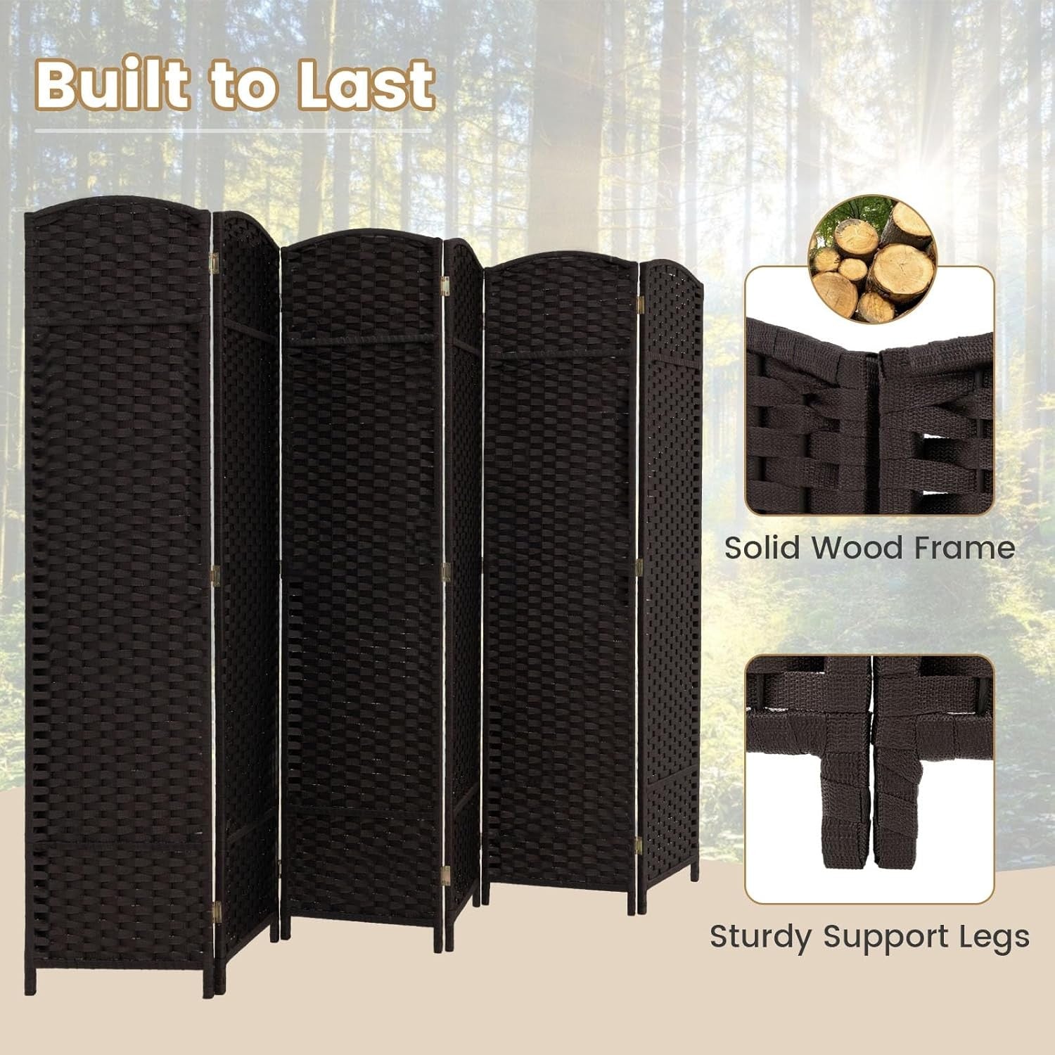 6 Panel Brown Wicker Folding Room Divider Privacy Screen 240x170cm