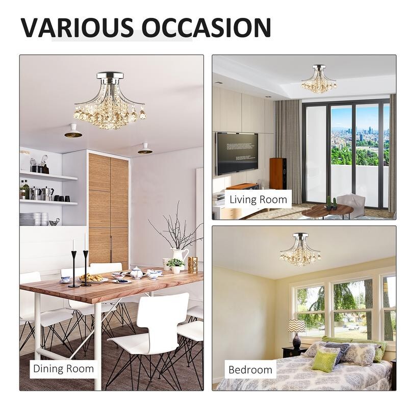 Modern K9 Crystal Flush Ceiling Light Chandelier 3 Way E14 Lamp 40cm Fixture