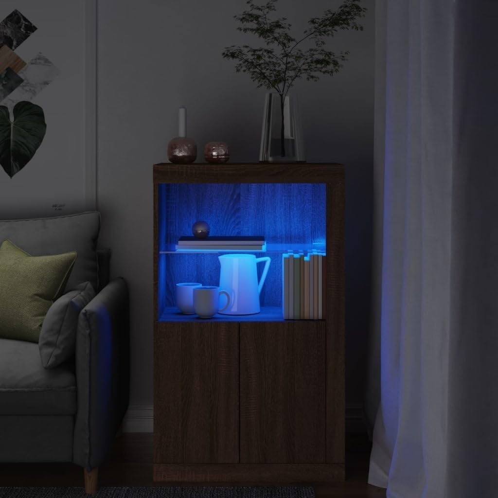 Modern Brown Oak LED Sideboard Cabinet with Custom Lights & Storage