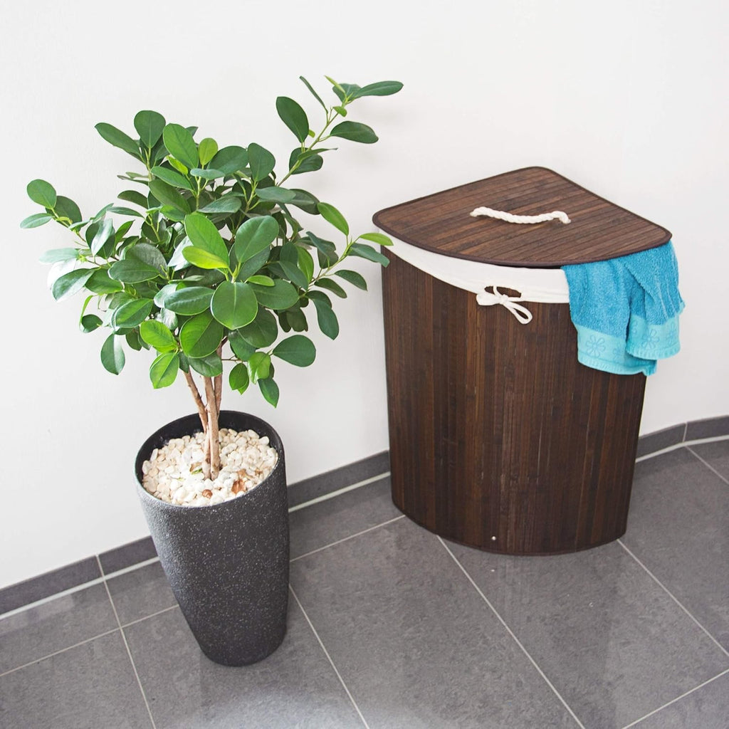 Corner Bamboo Laundry Basket with Lid 64L Foldable Hamper Brown 65x49x37cm