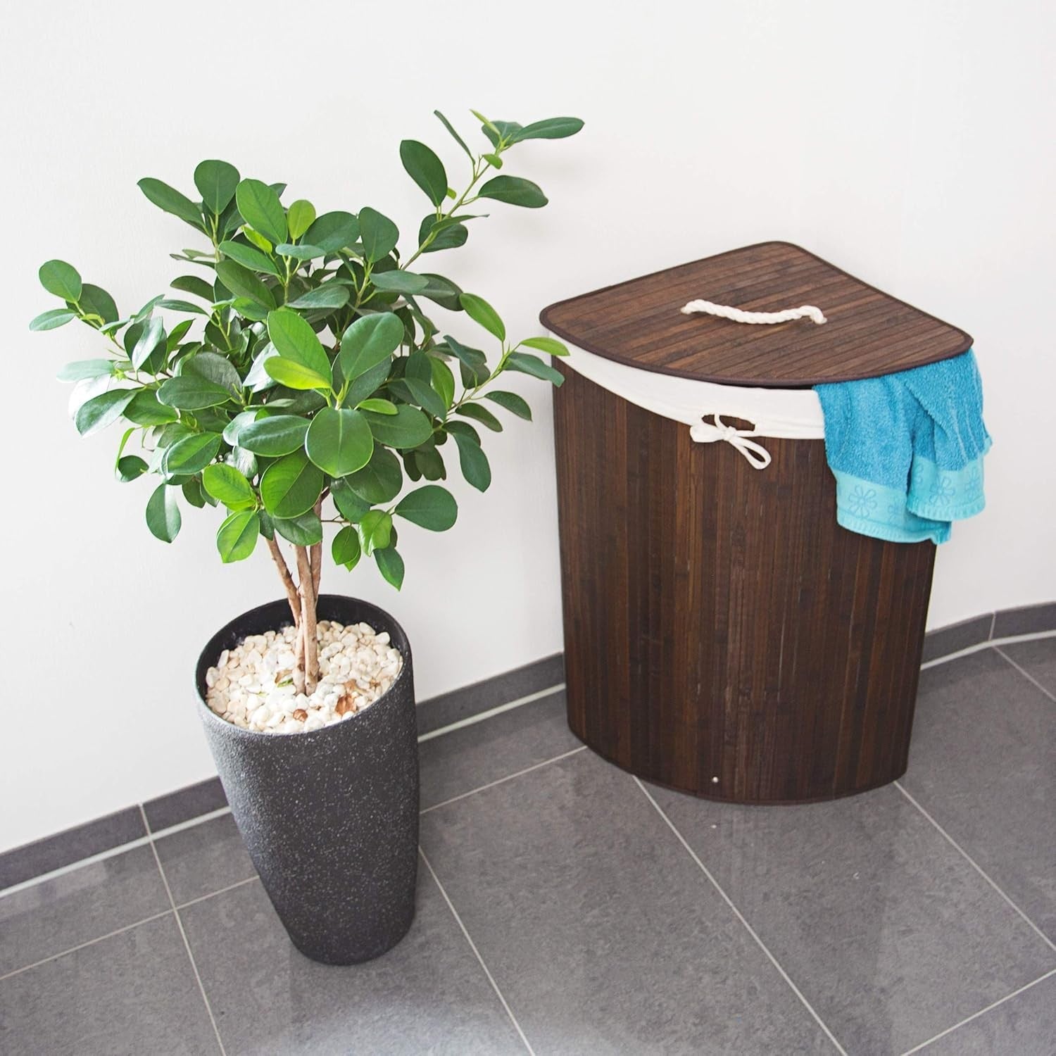 Corner Bamboo Laundry Basket with Lid 64L Foldable Hamper Brown 65x49x37cm