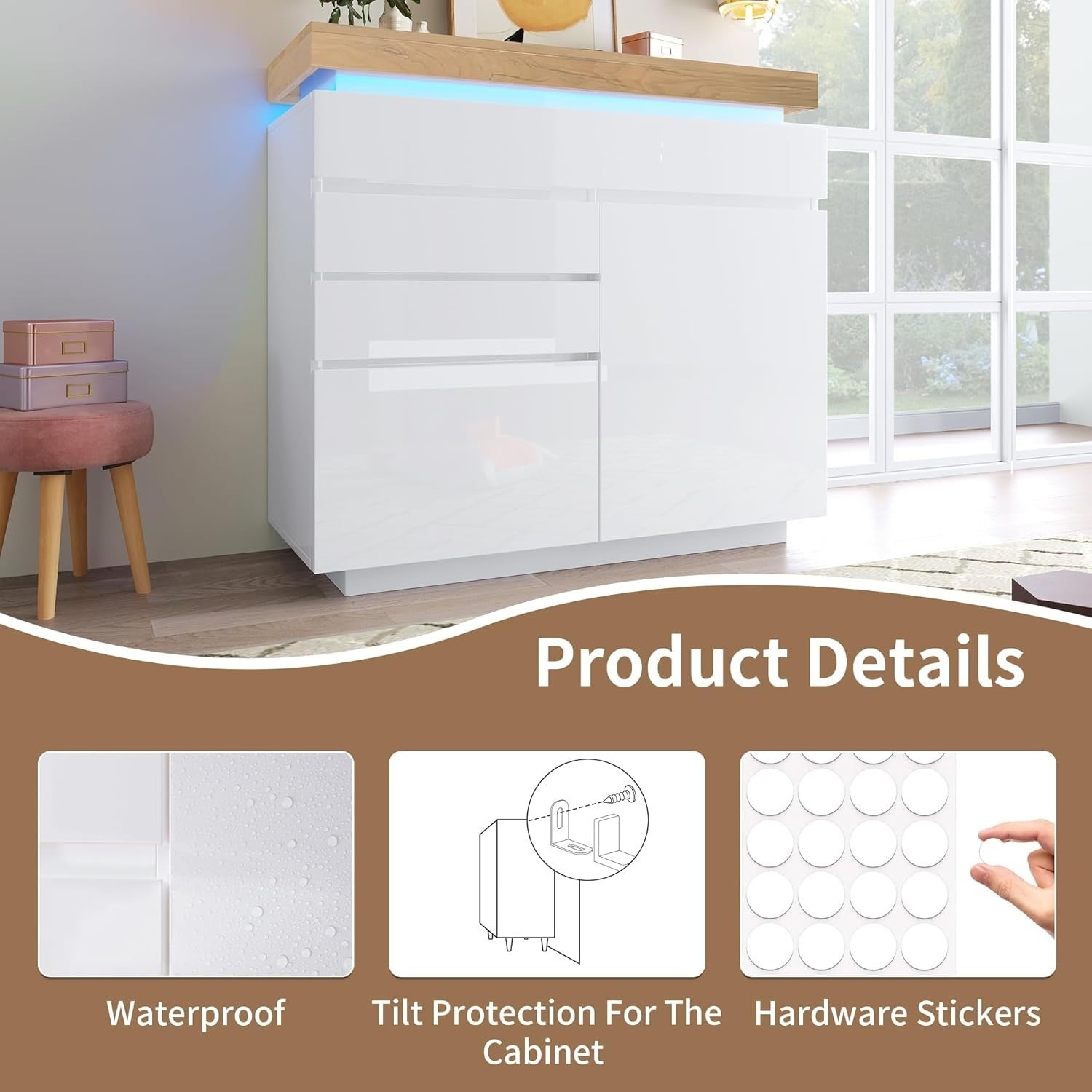 High Gloss White Sideboard with 2 Doors, 3 Drawers & RGB LED App Control