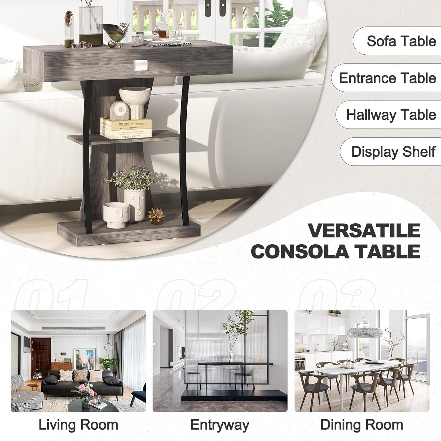 Slim Grey Console Table with Drawer & Shelves – Narrow Entryway Storage