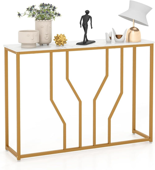 Slim Console Table with Faux Marble Top & Gold Metal Frame, 110cm