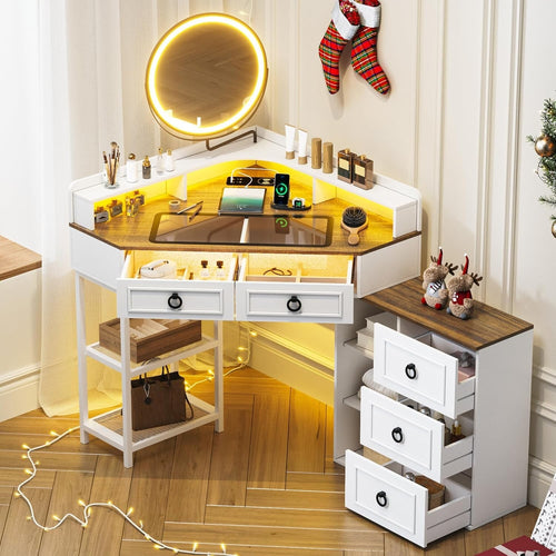White Modern Dressing Table Makeup Vanity Desk w/ LED Mirror & Charging Station