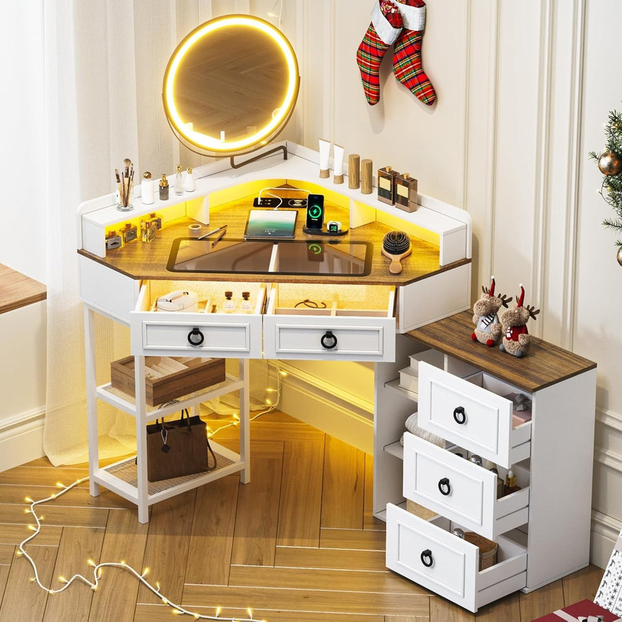 White Modern Dressing Table Makeup Vanity Desk w/ LED Mirror & Charging Station