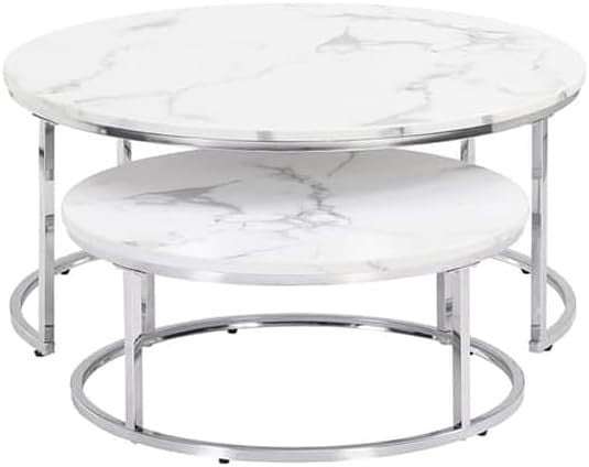 Round Marble Nesting Coffee Table Set 2 Art Deco White Chrome Modern Side Tables