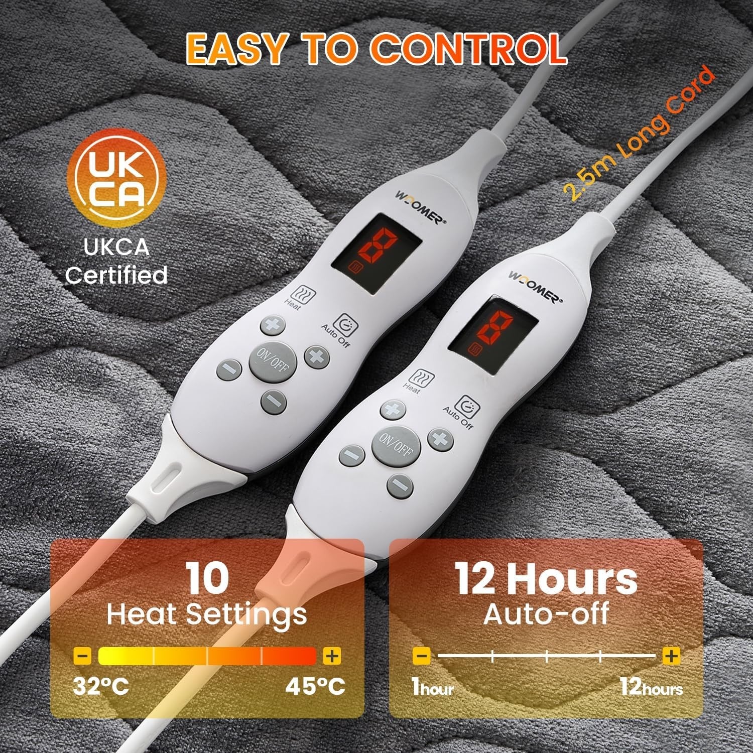 Electric Heated Underblanket King 150x200cm Dual Control 10 Heat Dark Grey