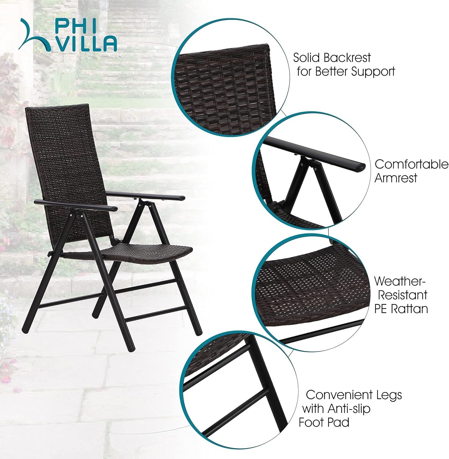 5pc Rattan Patio Dining Set Folding Chairs Wood-Look Table Balcony Garden