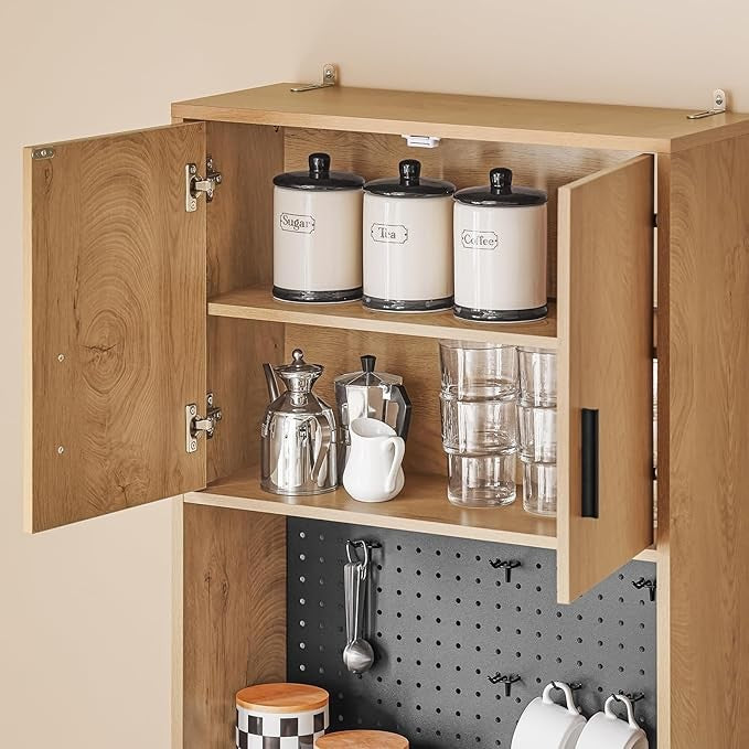 Tall Oak Kitchen Storage Cabinet with Microwave Shelf & Cupboard 170cm