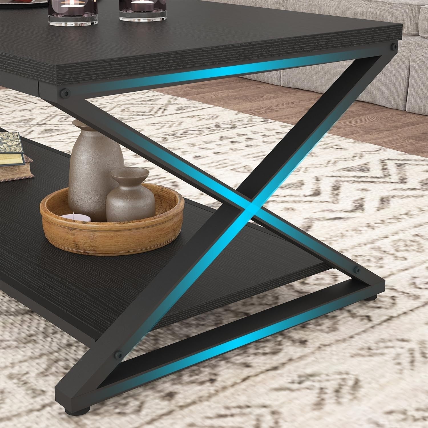 Modern Black Rectangle Coffee Table with Storage Shelf | 2 Tier Minimalist
