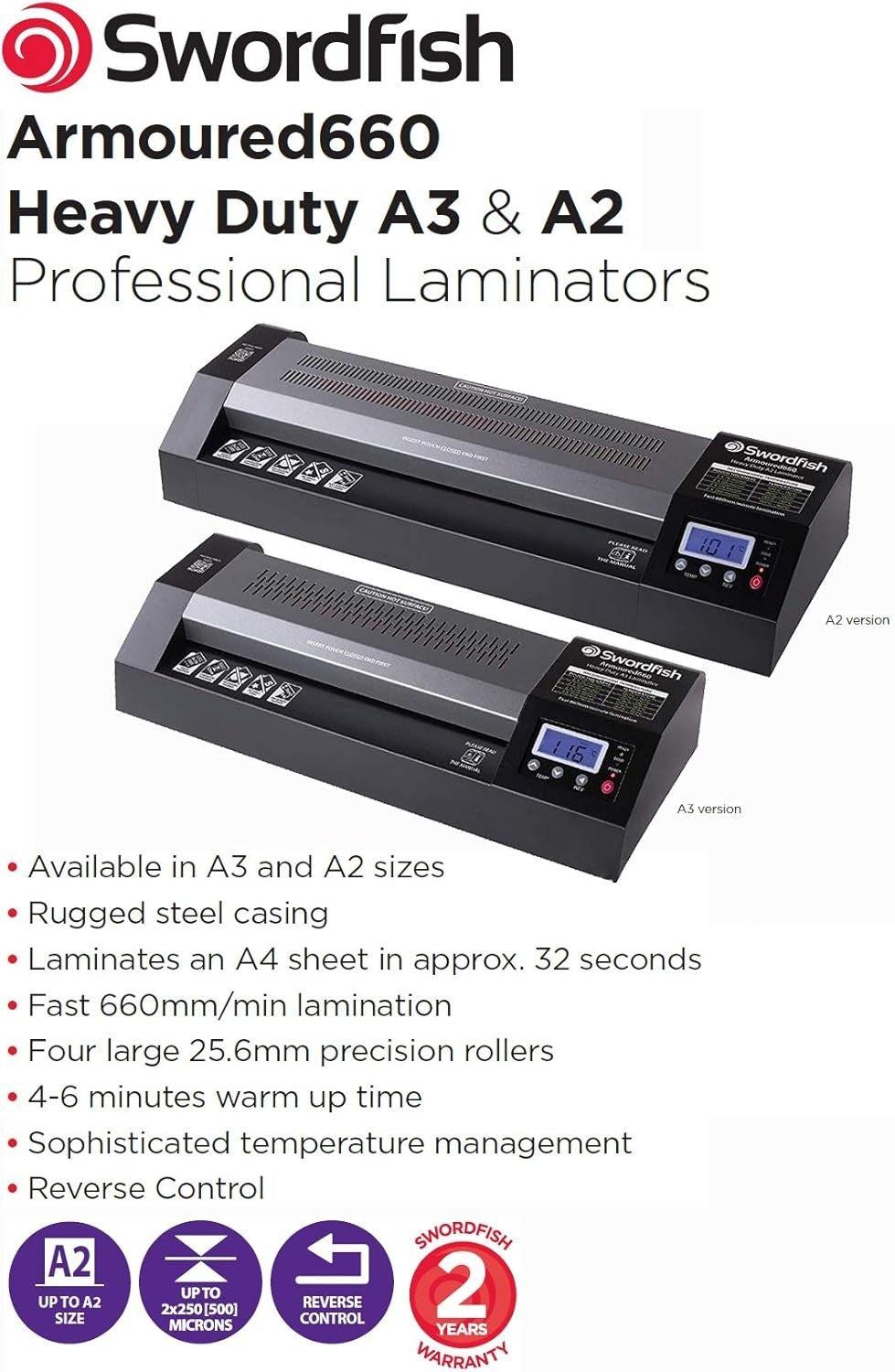 Heavy Duty A3 Laminator 660mm/min Steel Body Fast Rollers Reverse Control