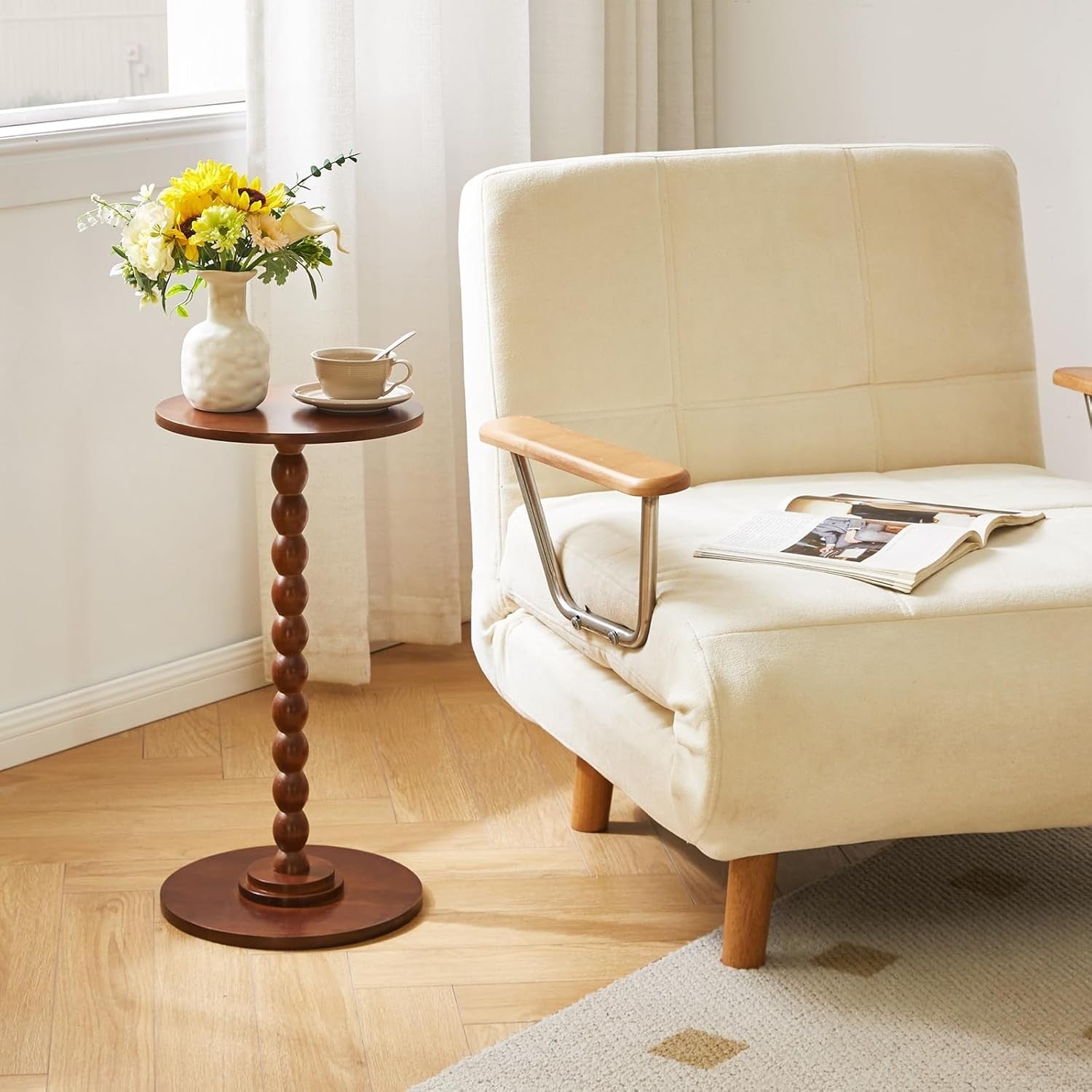 Rustic Brown Round Side Table – Modern Small Accent Table with Solid Wood Base