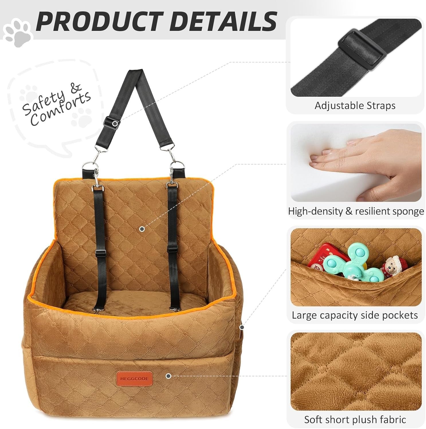 Elevated Dog Car Seat Bed Memory Foam Booster Washable 2 Safety Belts