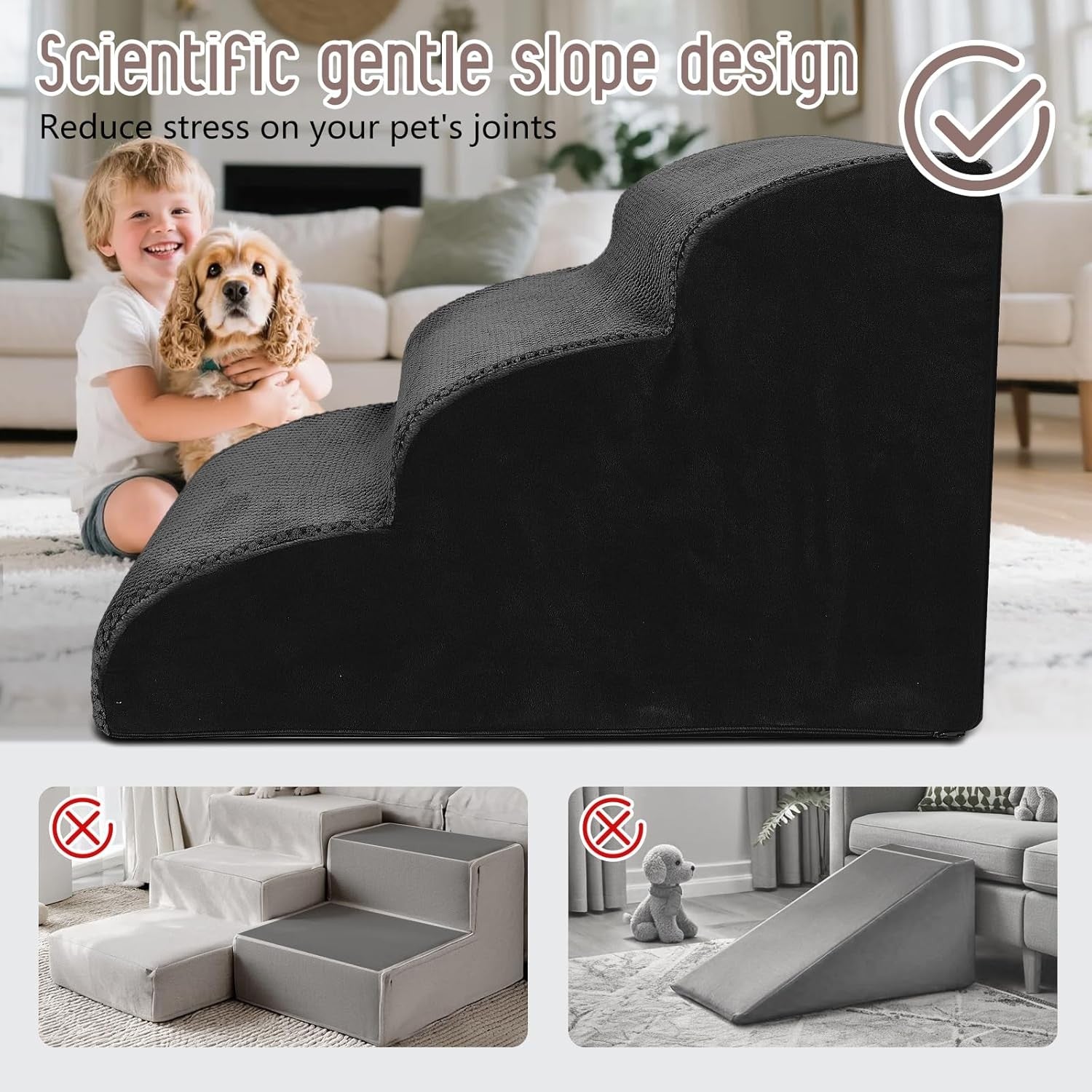 Black 3 Step Dog Ramp Stairs Non Slip Foam 60x40x40cm