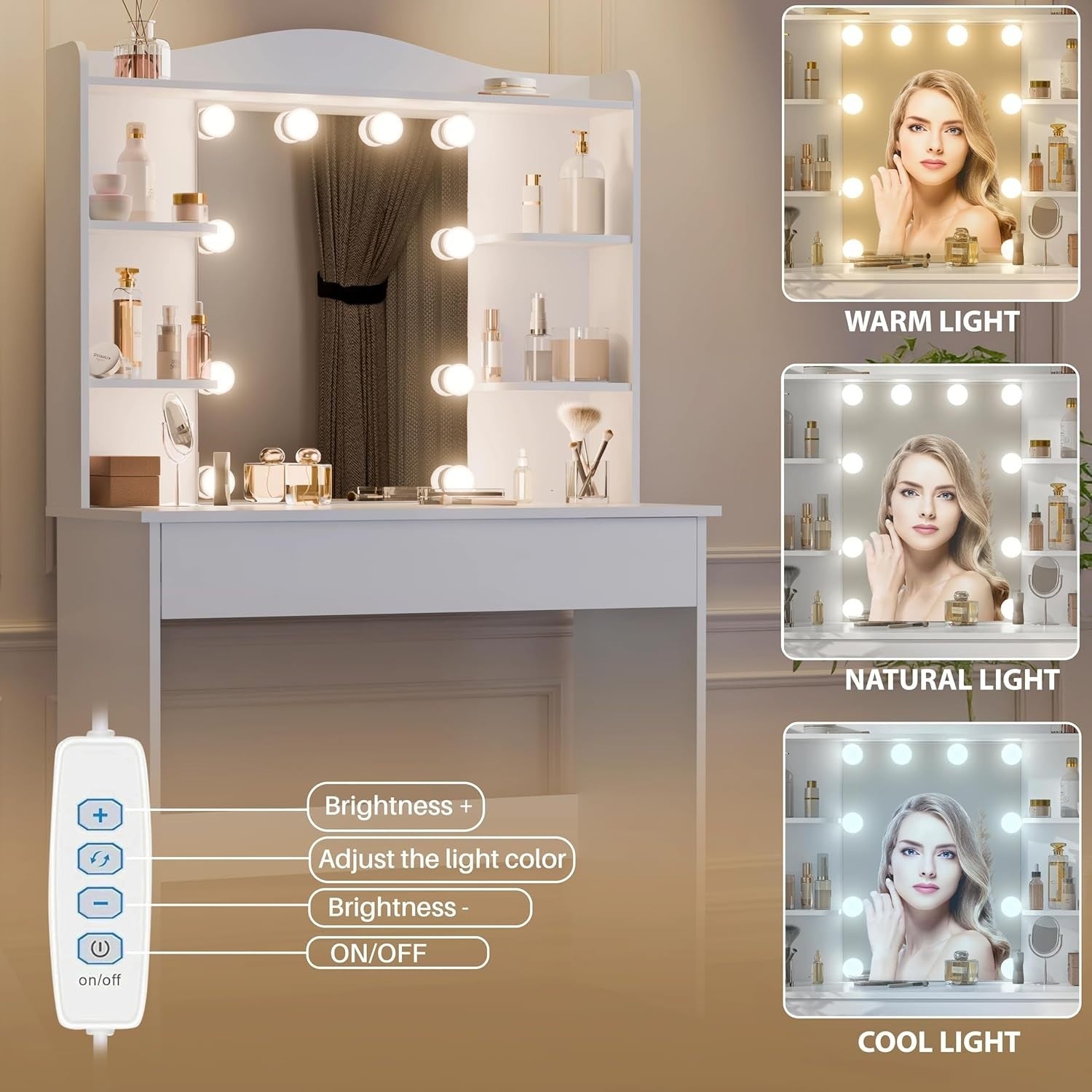 Modern White Dressing Table Vanity Mirror 10 LED Lights Storage Drawer & Shelves