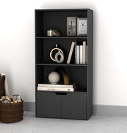 Modern 4-Tier Wide Bookcase Storage Unit with Cupboard Doors – Black Shelf