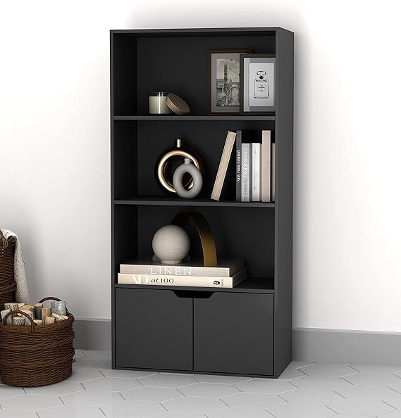 Modern 4-Tier Wide Bookcase Storage Unit with Cupboard Doors – Black Shelf