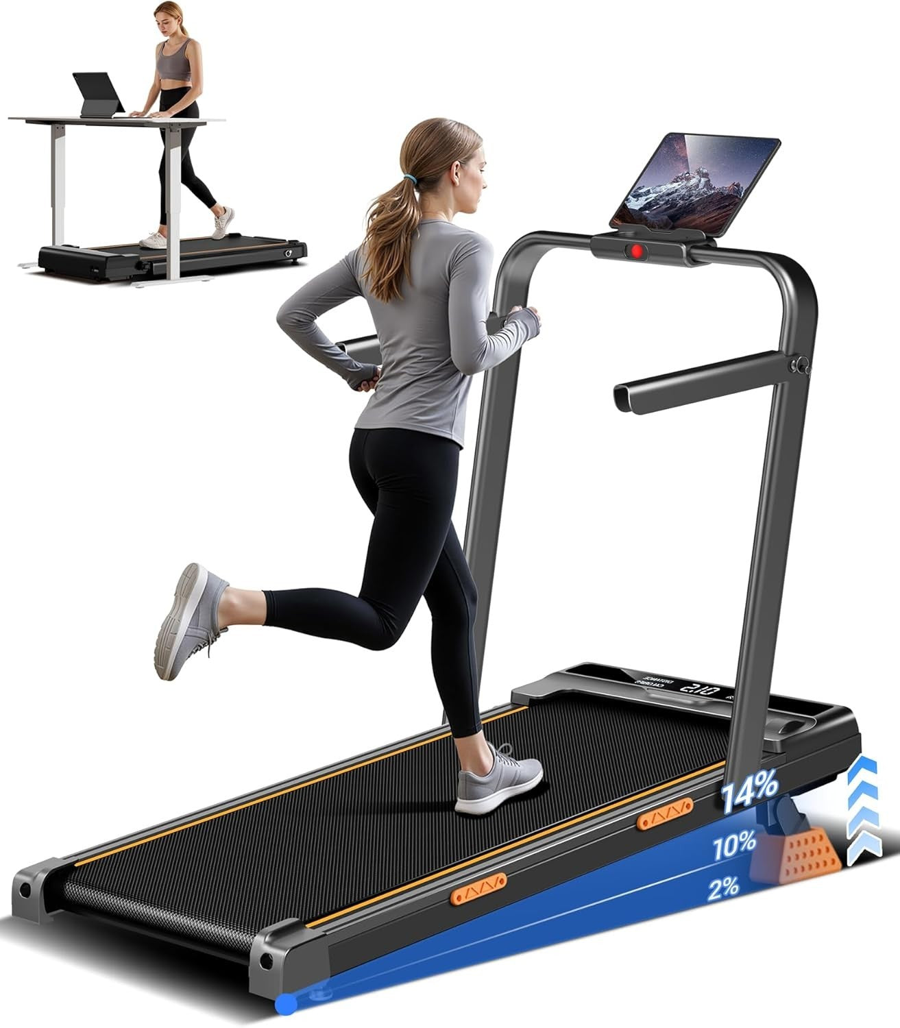 14% Incline 3-in-1 Walking Pad 2.5HP Foldable Under Desk Treadmill 10KM/H Home