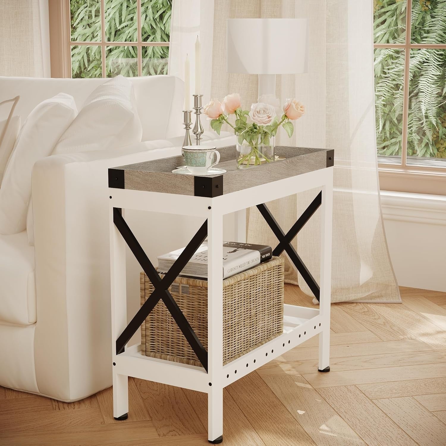 Narrow White End Table with Storage Shelf – Compact Nightstand for Small Spaces