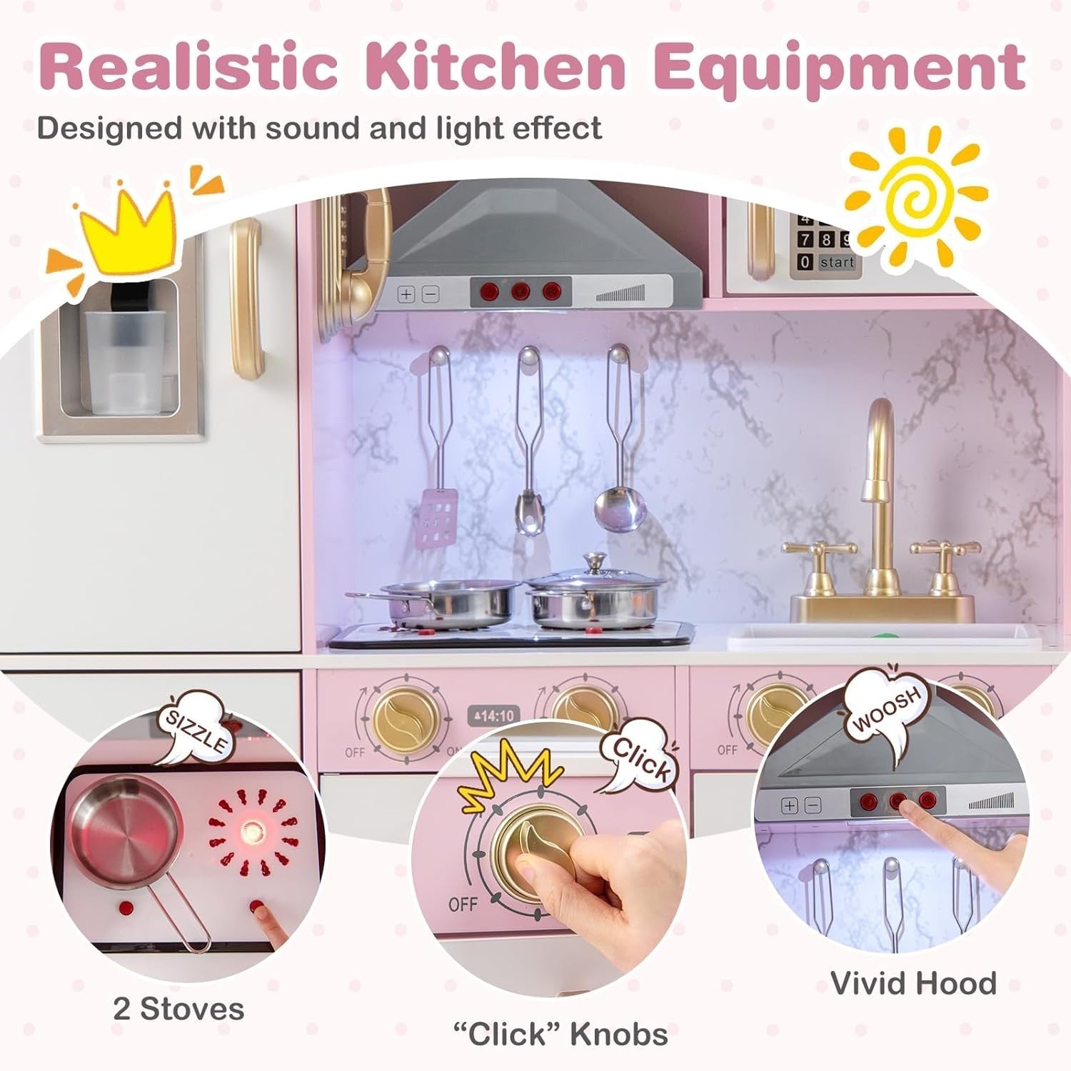 Pink Kids Play Kitchen Lights Sounds Ice Maker Chef Toy Set