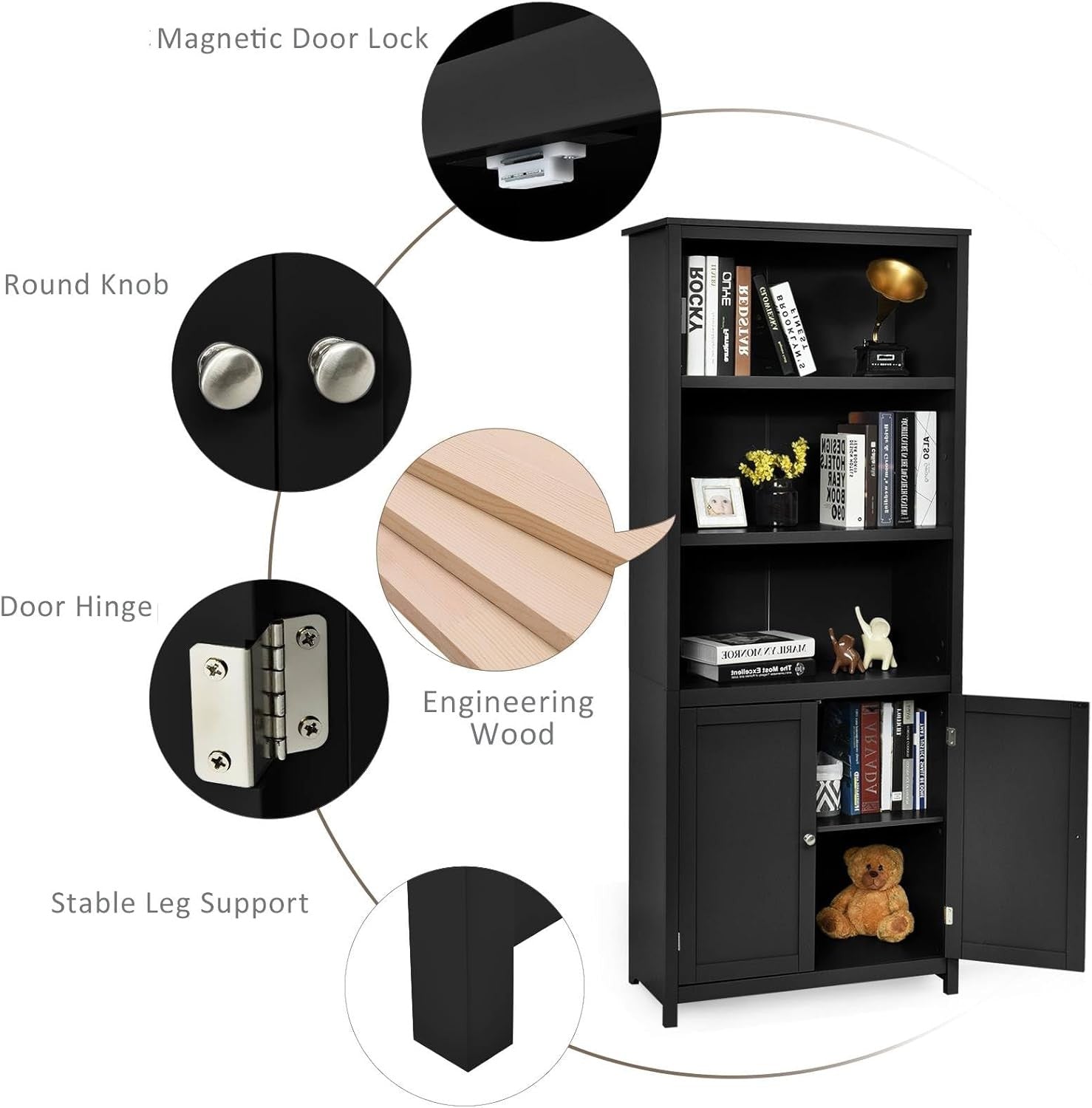 Tall Black 5-Tier Storage Cabinet with Doors, Adjustable Shelves, Freestanding