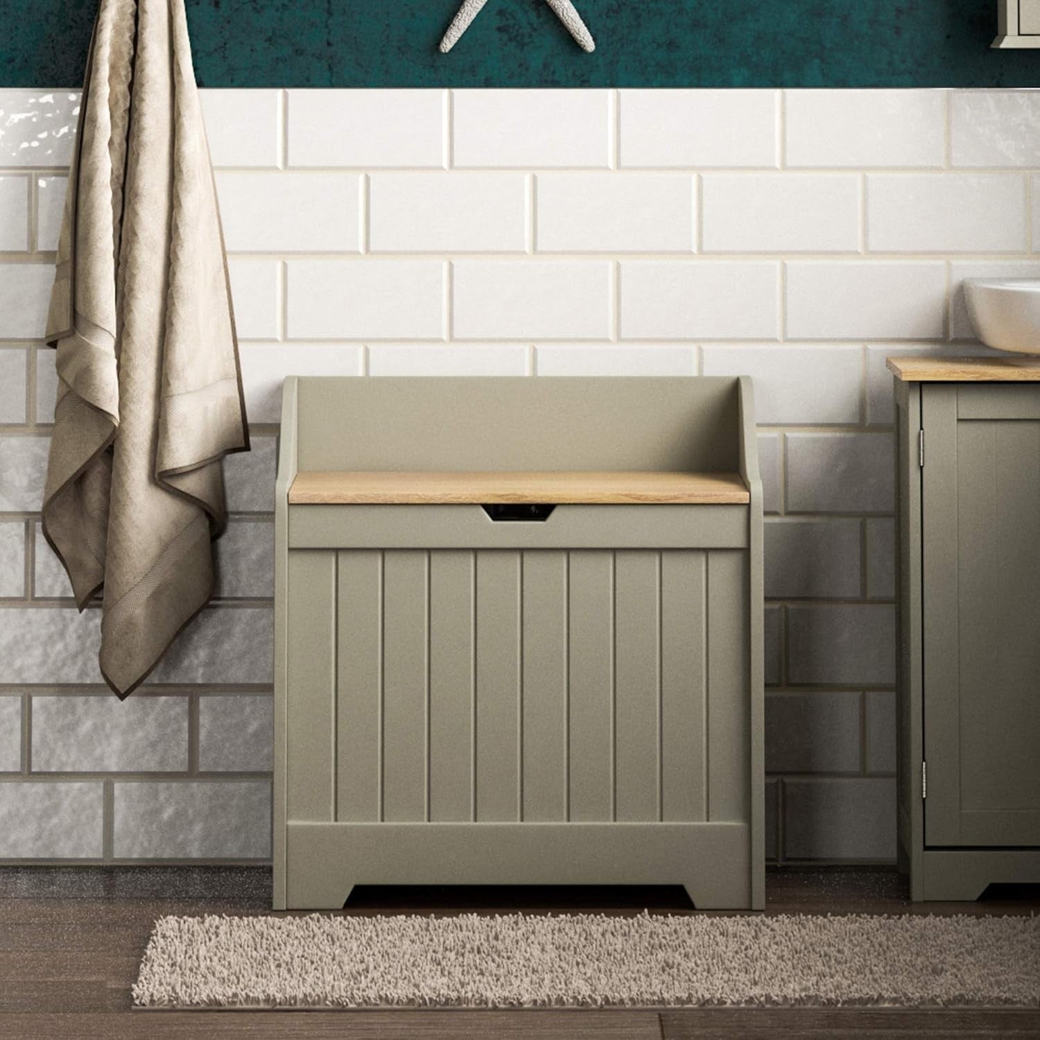 Bathroom Laundry Cabinet Storage Chest with Wooden Basket Grey Oak MDF