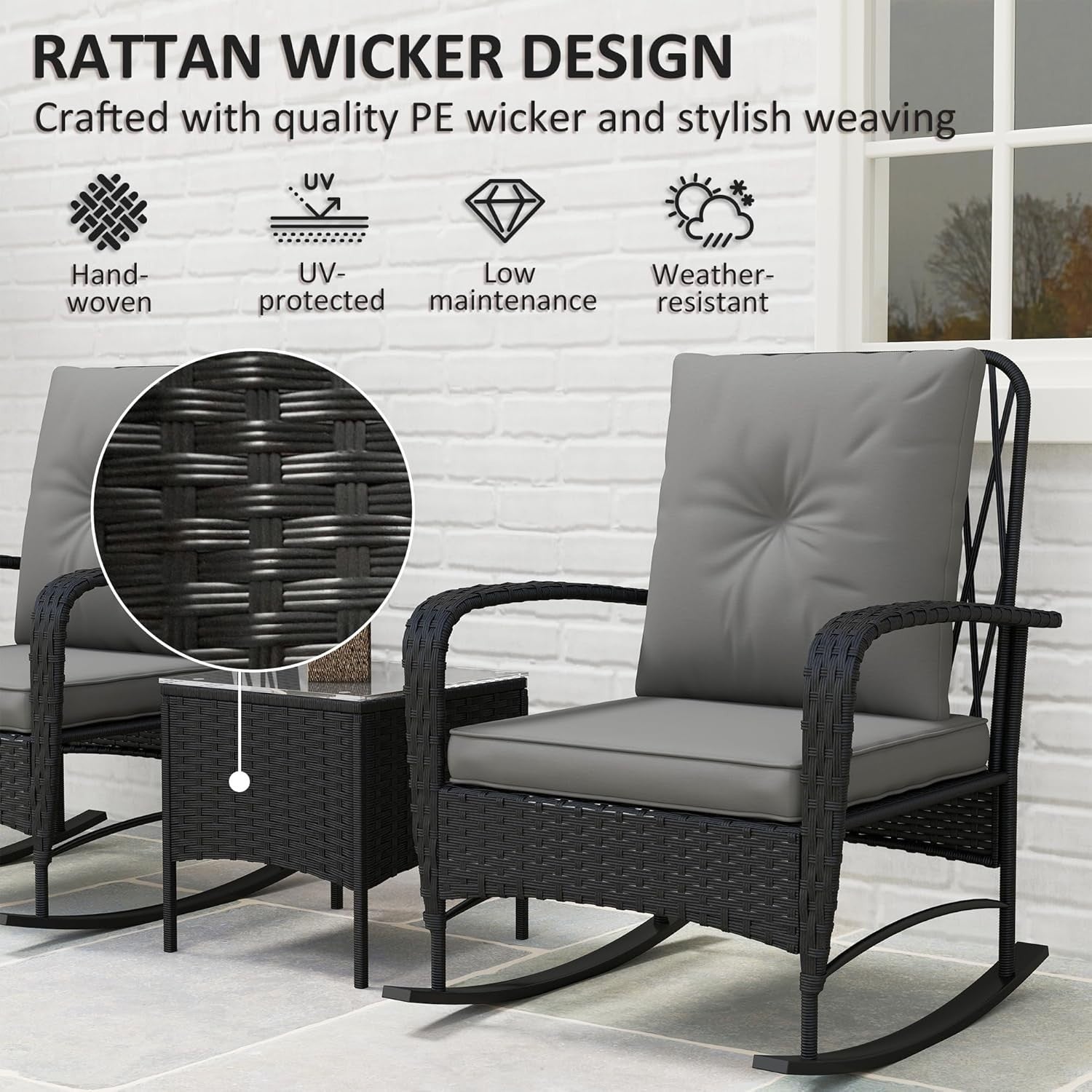 Rocking Rattan Bistro Set 3PC Cushioned Chairs Glass Table Balcony Patio
