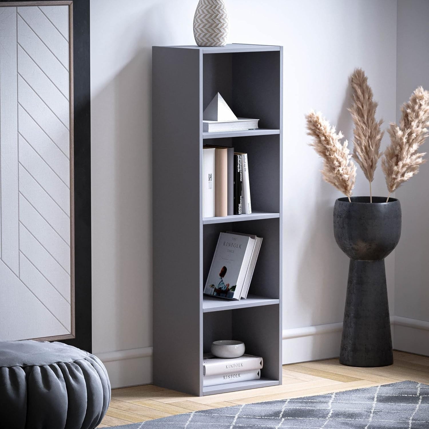 4 Tier Grey Wooden Cube Bookcase Small Storage Shelf for Living Room Office
