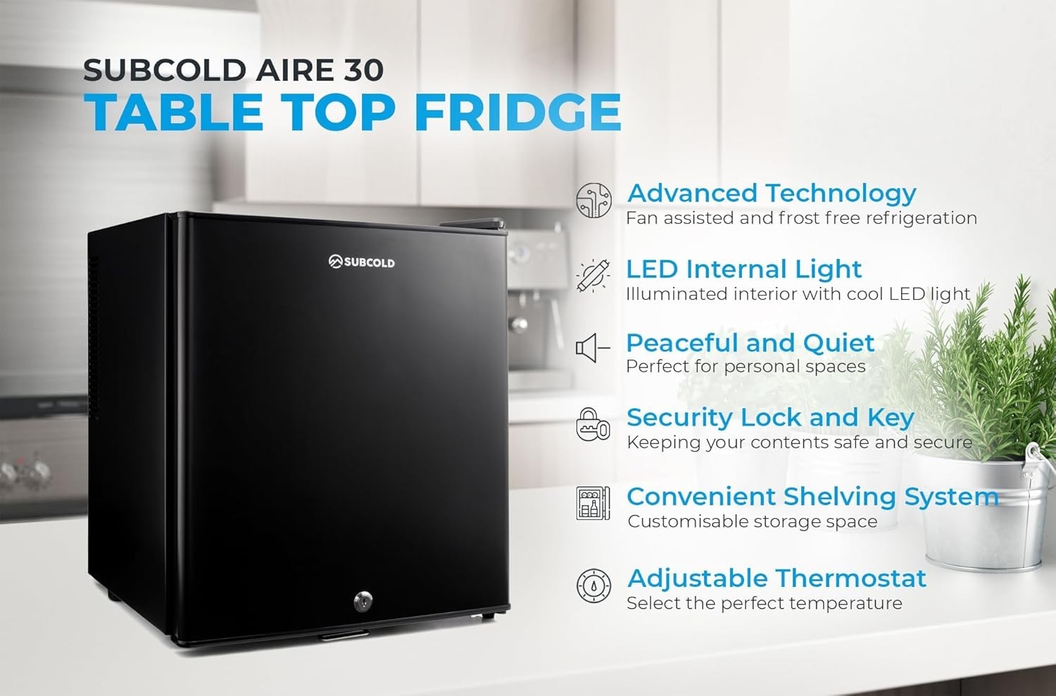 Mini Fridge 30L Compact Table Top Frost-Free LED Lockable Black