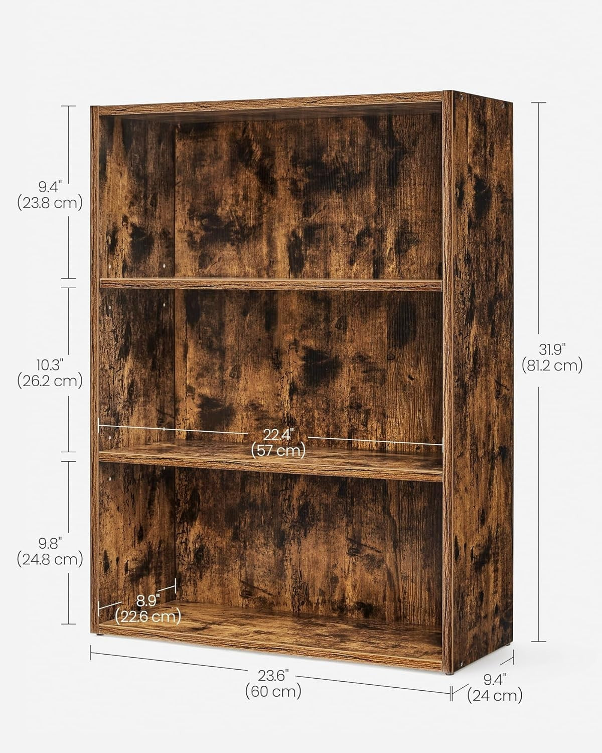 3 Tier Wooden Bookcase Tall Storage Display Book Shelf for Living Room Rustic