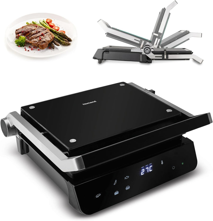 2000W Indoor Electric Grill Press | Non-Stick Plates, LED Timer, 180° Open BBQ