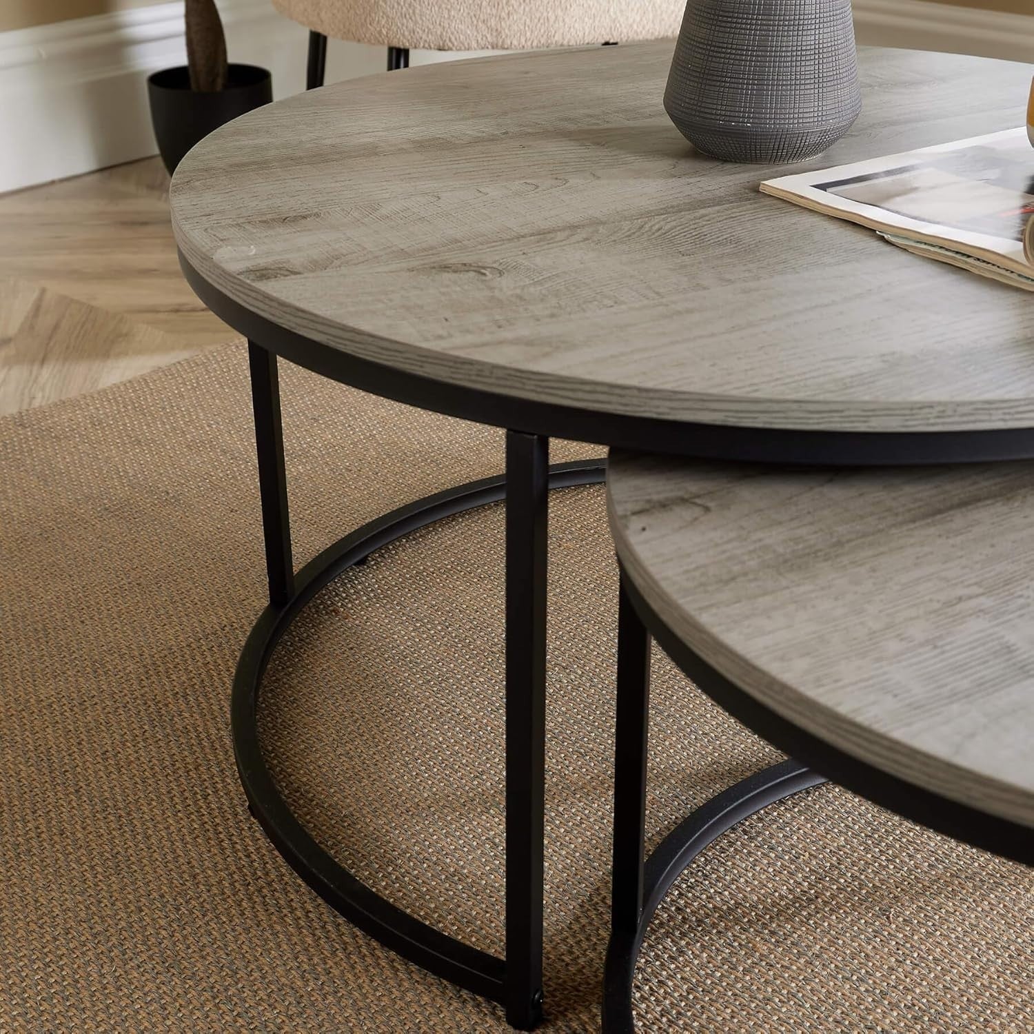 Modern Nesting Coffee Table Set 2 Round Grey Metal Stackable Industrial Style