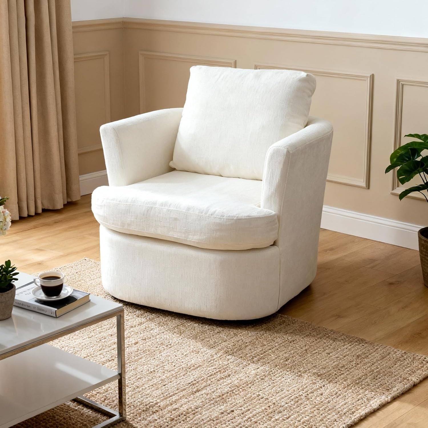 Swivel Tub Chair Accent Armchair with Pillow White Fabric