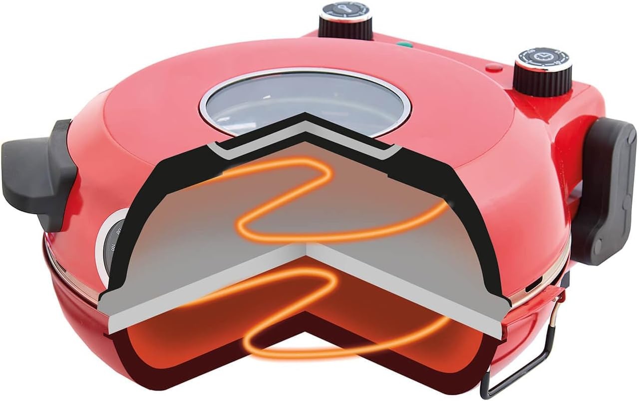 Stone-Baked Electric Pizza Oven Dual Heating 400°C Viewing Window Red