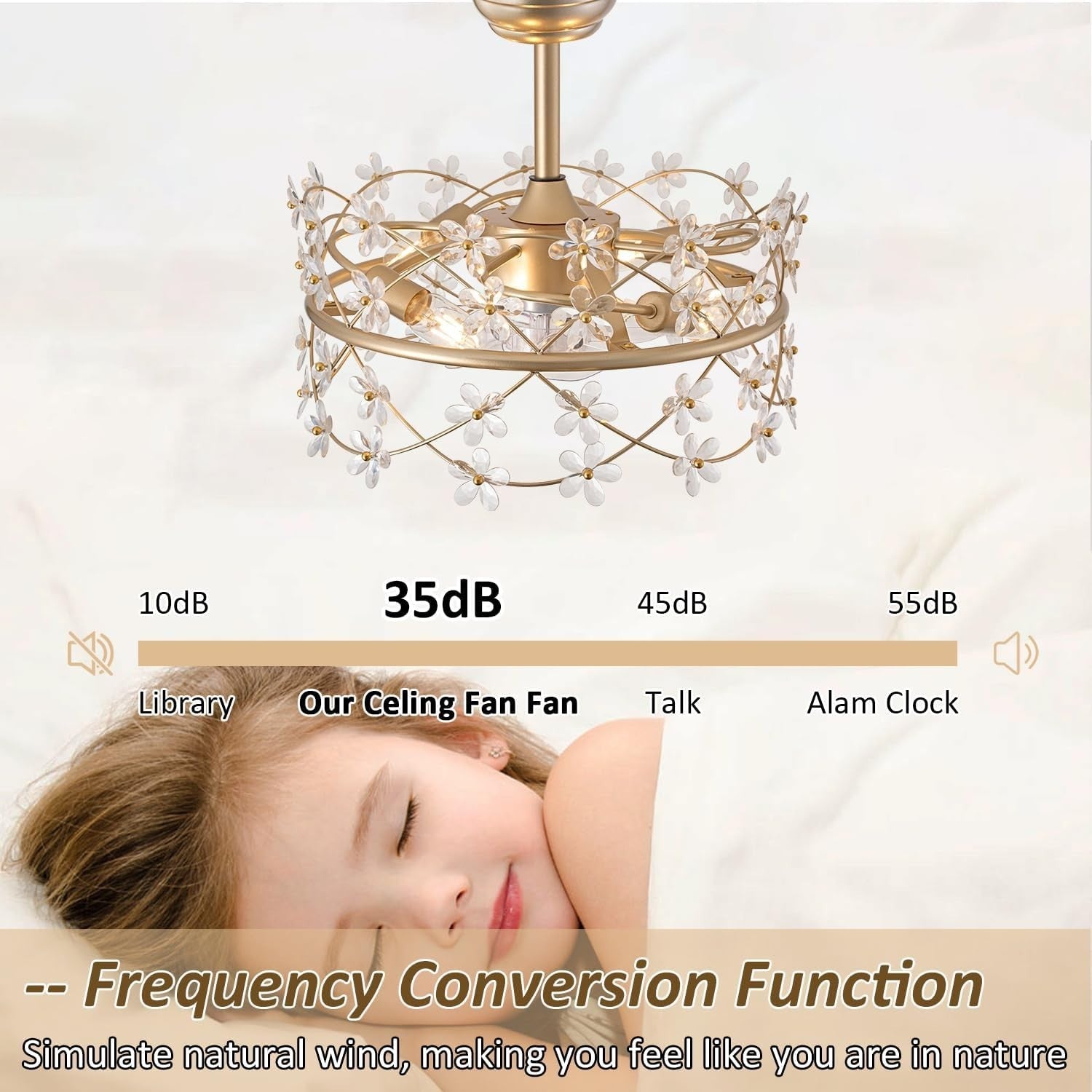 Youngrender 20" Gold Ceiling Fan with Light, Flower Chandelier, Remote