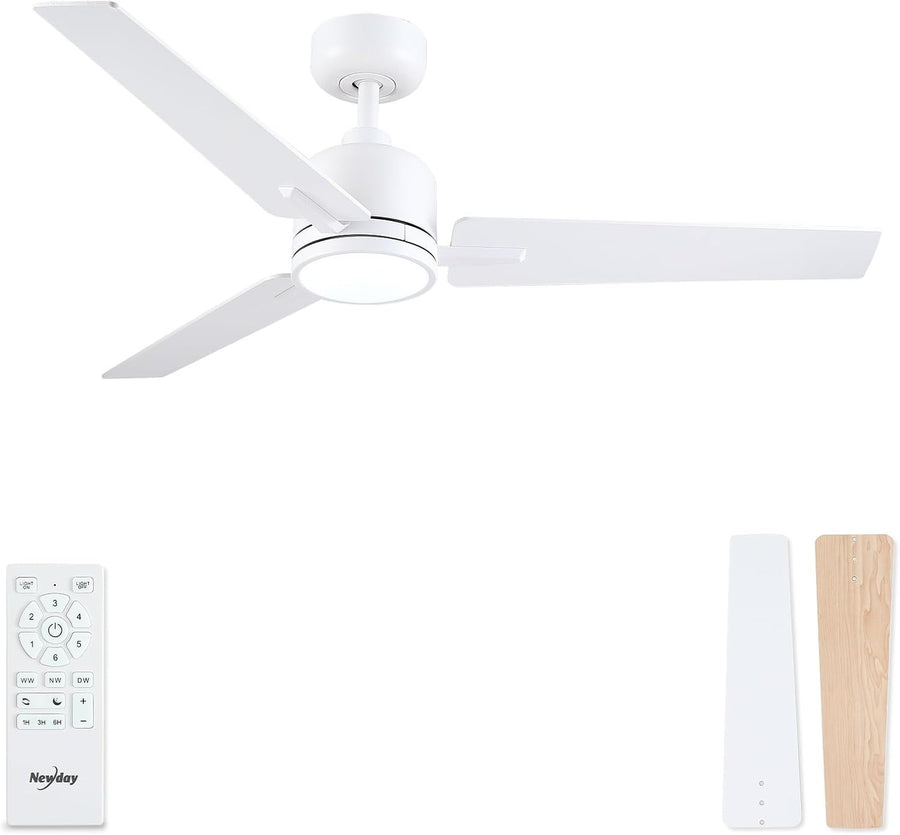 48" White-Wood Ceiling Fan Light, 6 Speeds, Remote Control, Dimmable