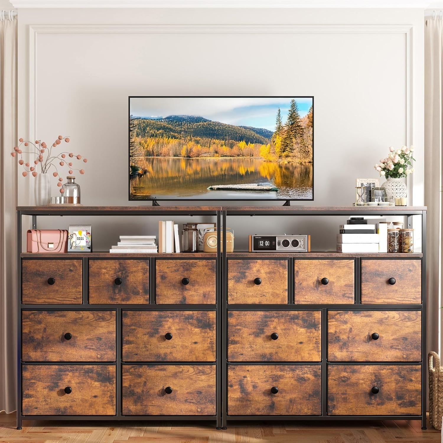 Tall Chest of Drawers Storage Unit 7 Fabric Drawers, Wood Top, Shelves