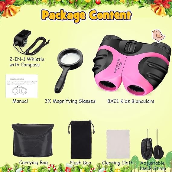 Kids 8x21 Waterproof Binoculars with Compass & Whistle Outdoor Explorer Pink