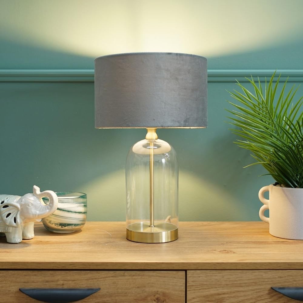 Gold Glass Table Lamp Grey Velvet Shade Bedside Desk Light Modern Decor
