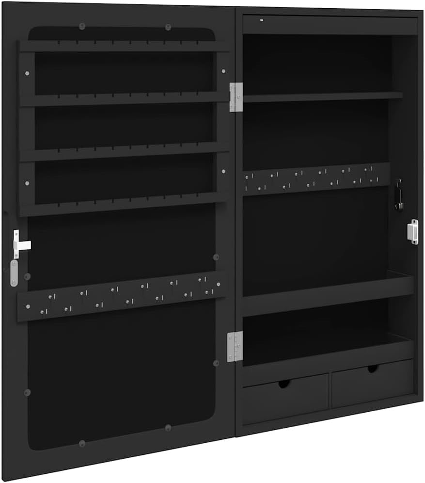 LED Jewelry Cabinet Mirror Lockable Wall or Door Mount Organizer Black
