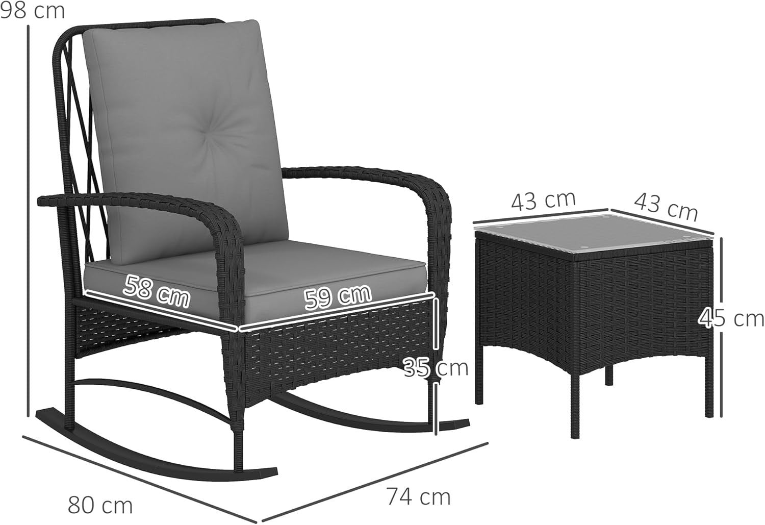 Rocking Rattan Bistro Set 3PC Cushioned Chairs Glass Table Balcony Patio