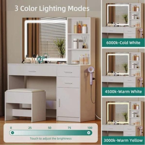 White LED Vanity Desk Set w/ Mirror Stool, USB, Storage & Wireless Charging