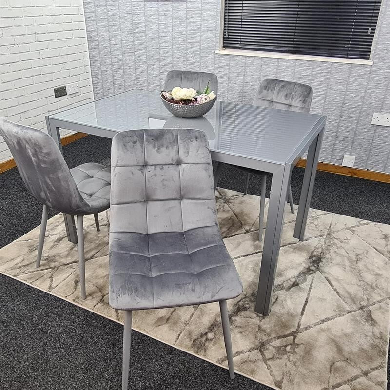 Grey Glass Dining Table Set with 4 Velvet Chairs Modern Padded Seats 134cm