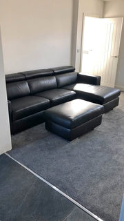 Black Leather 4 Seater Corner Sofa L-Shape + Footstool (PTP)