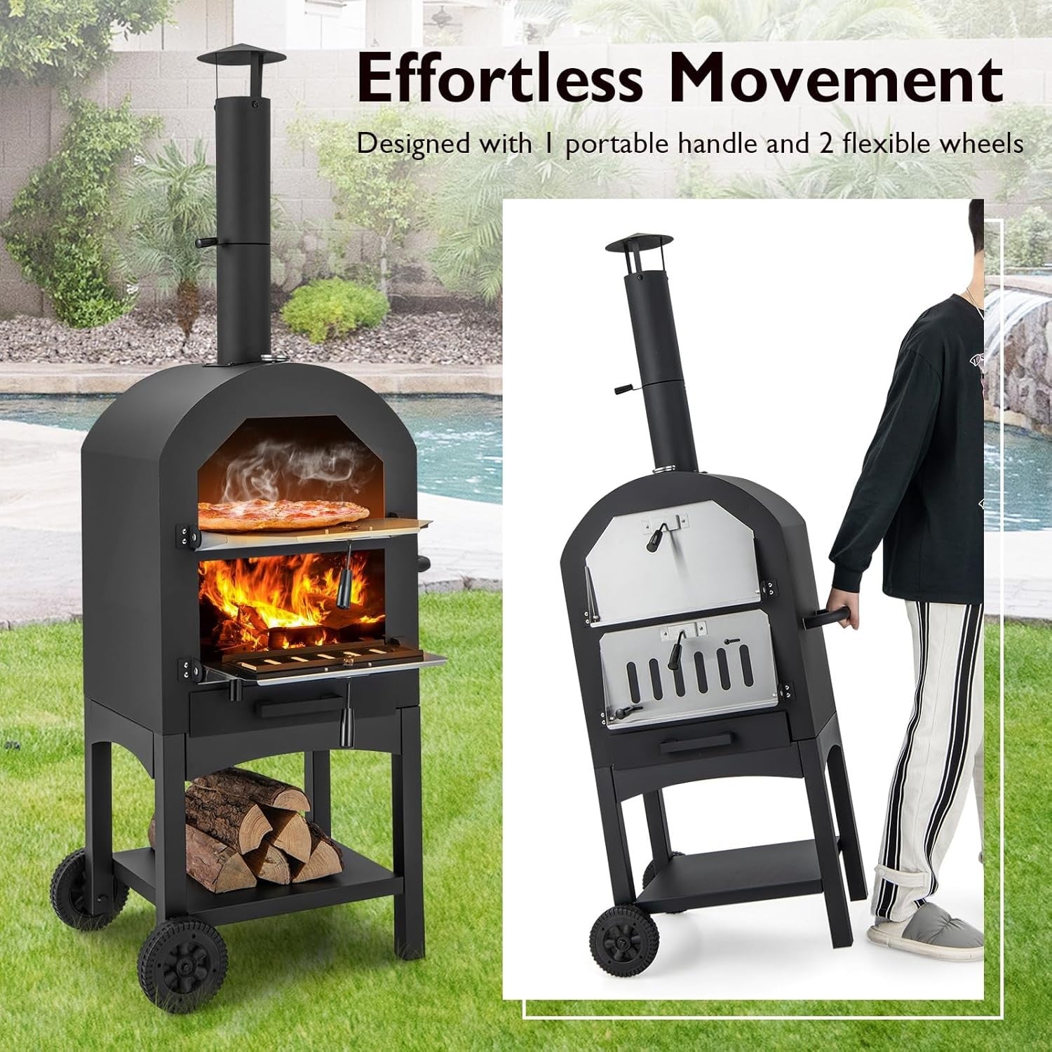 Outdoor Wood Fired Pizza Oven | BBQ Grill w/ Stone, Chimney, Thermometer & Cover