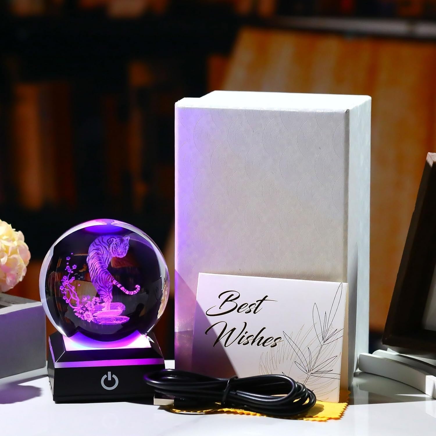 8cm 3D Crystal Tiger Globe LED Light Base Animal Ornament Gift Home Decor
