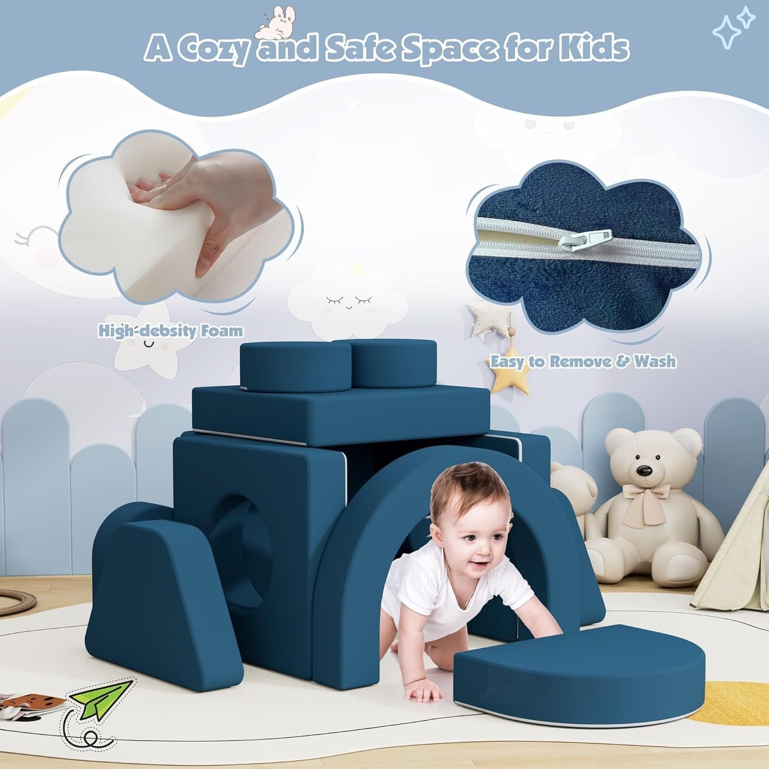 Modular Kids Play Couch Sofa Bed Foam Fort for Creative Play Blue