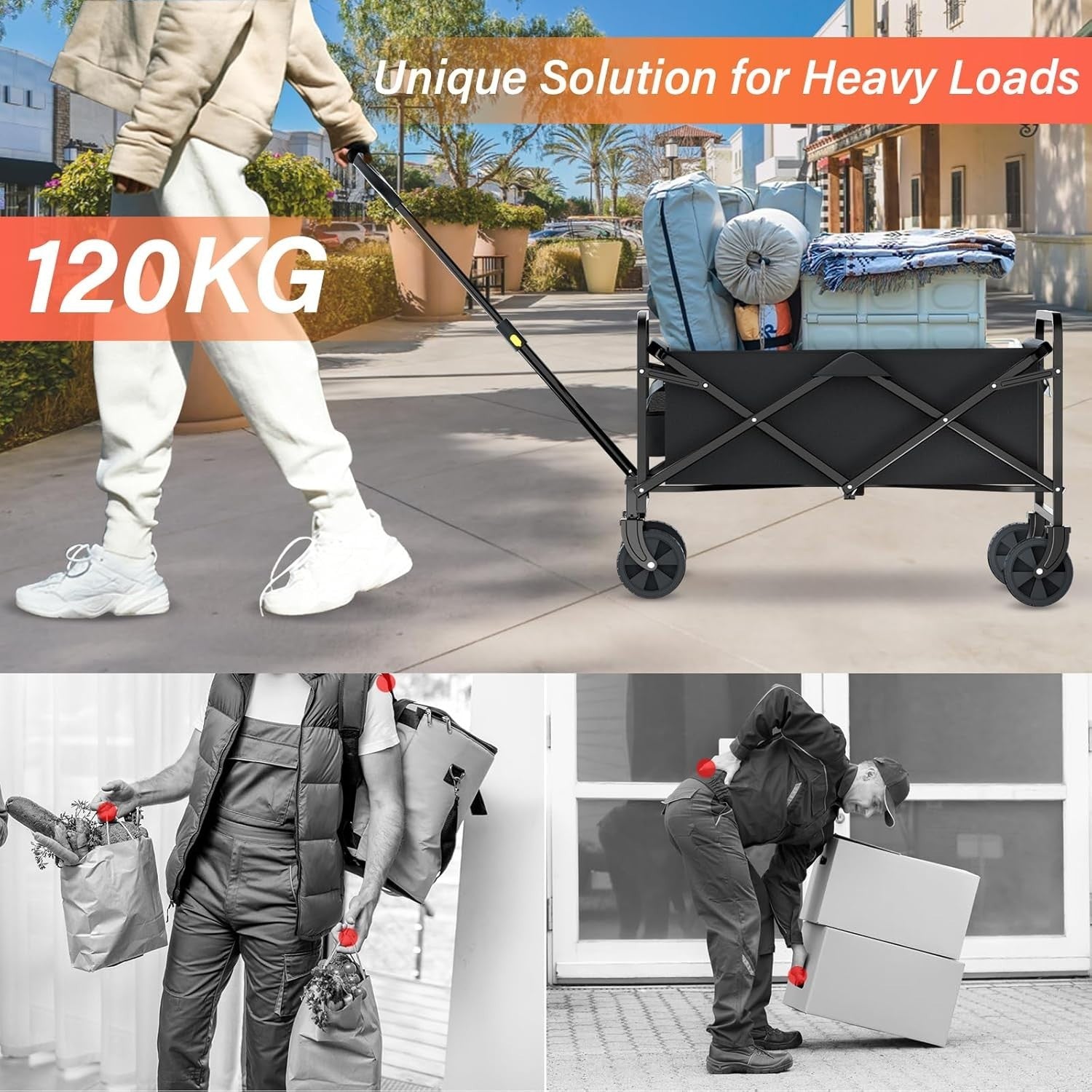 Heavy Duty 225L Foldable Festival Trolley Push Pull Cart w/ Brakes & Wide Wheels