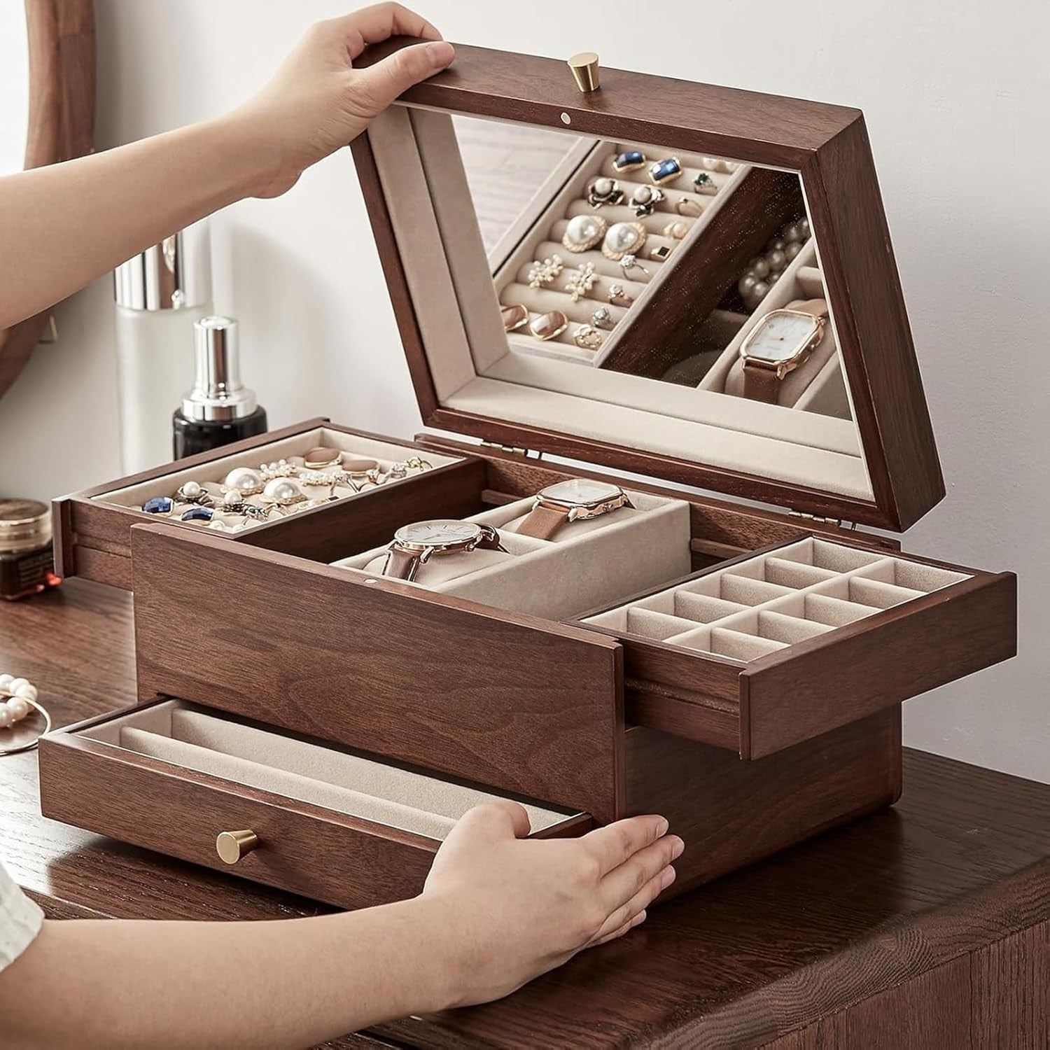 Walnut Jewelry Box Organizer with Mirror 3 Layer Brass Handle Storage